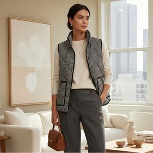 J Crew M herringbone quilted down fill puffer vest contrast trim quiet luxury